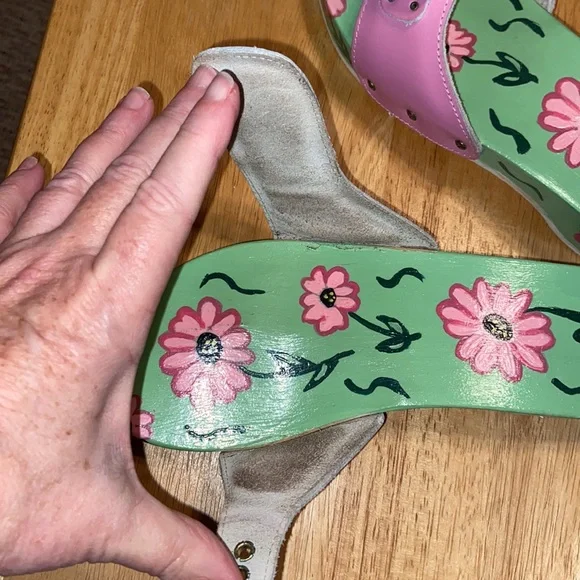 Dr Scholls Hand Painted Pink Patent Leather Wooden Exercise Sandals Vintage 70’s - Picture 9 of 9